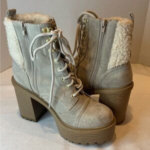 Soda Sand Light Tan Faux Fur/Suede Platform Chunky Heel Zip Closure Lace Up, 8.5